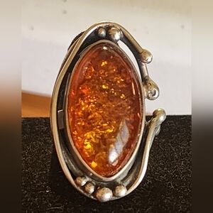 Vintage Chunky Amber and Sterling Silver Women's Ring Size 8 Fine Jewelry